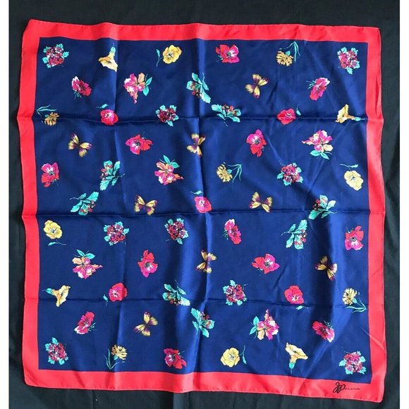 Vintage JP Collections Blue Red Floral Butterflies Scarf 30” x 31” - Picture 3 of 8